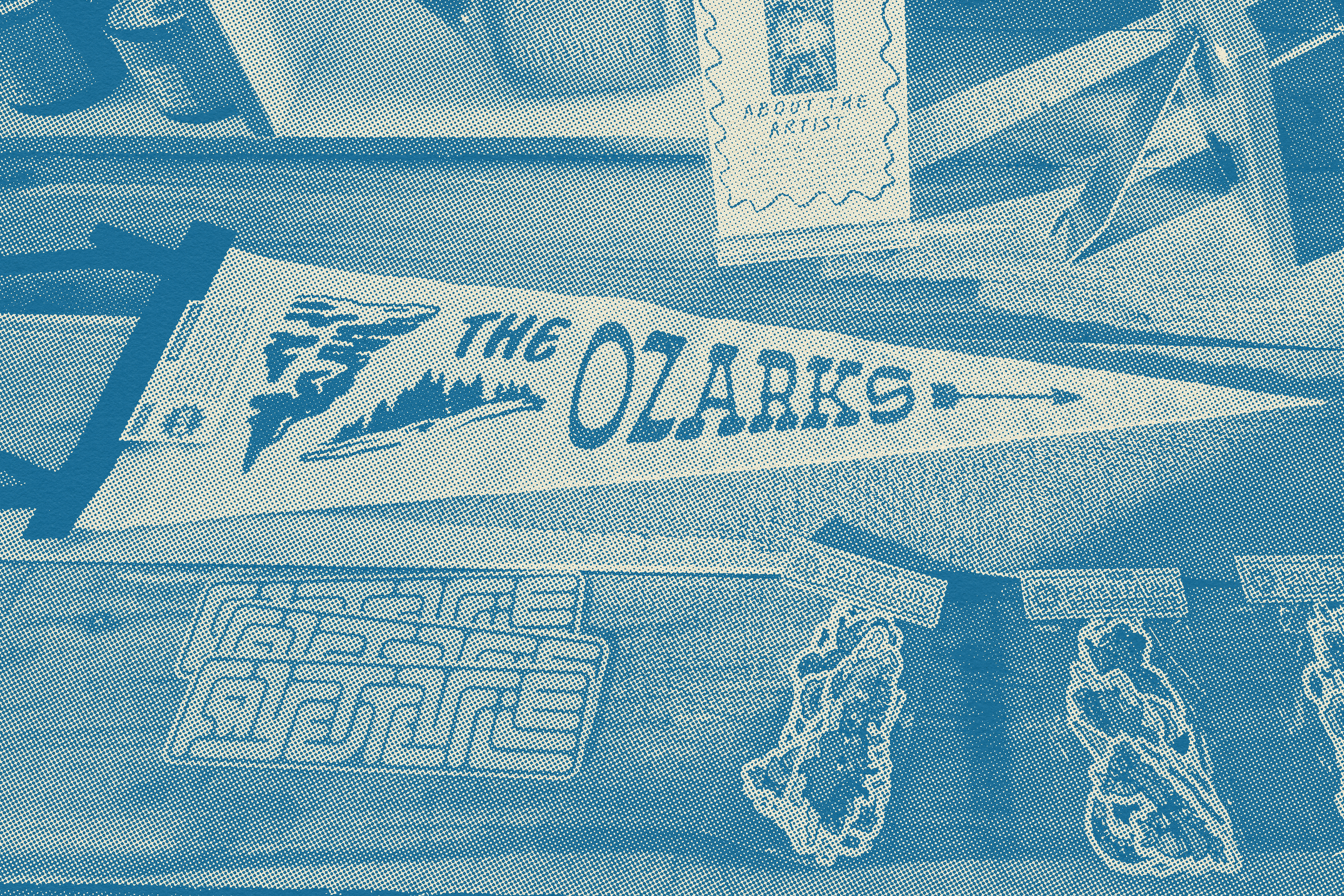 Blue and white pennant with 'The Ozarks' text on a textured background